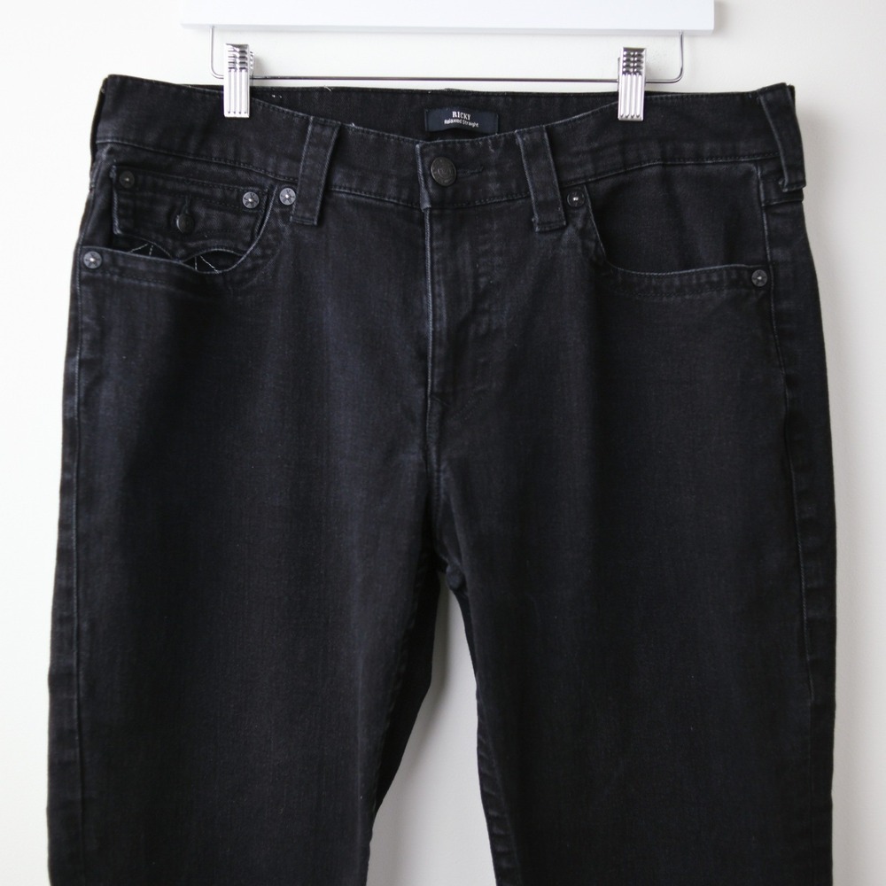 True Religion Ricky Relaxed Straight Jeans Mens 36‎ Black Flap Pocket Stretch - Picture 6 of 11